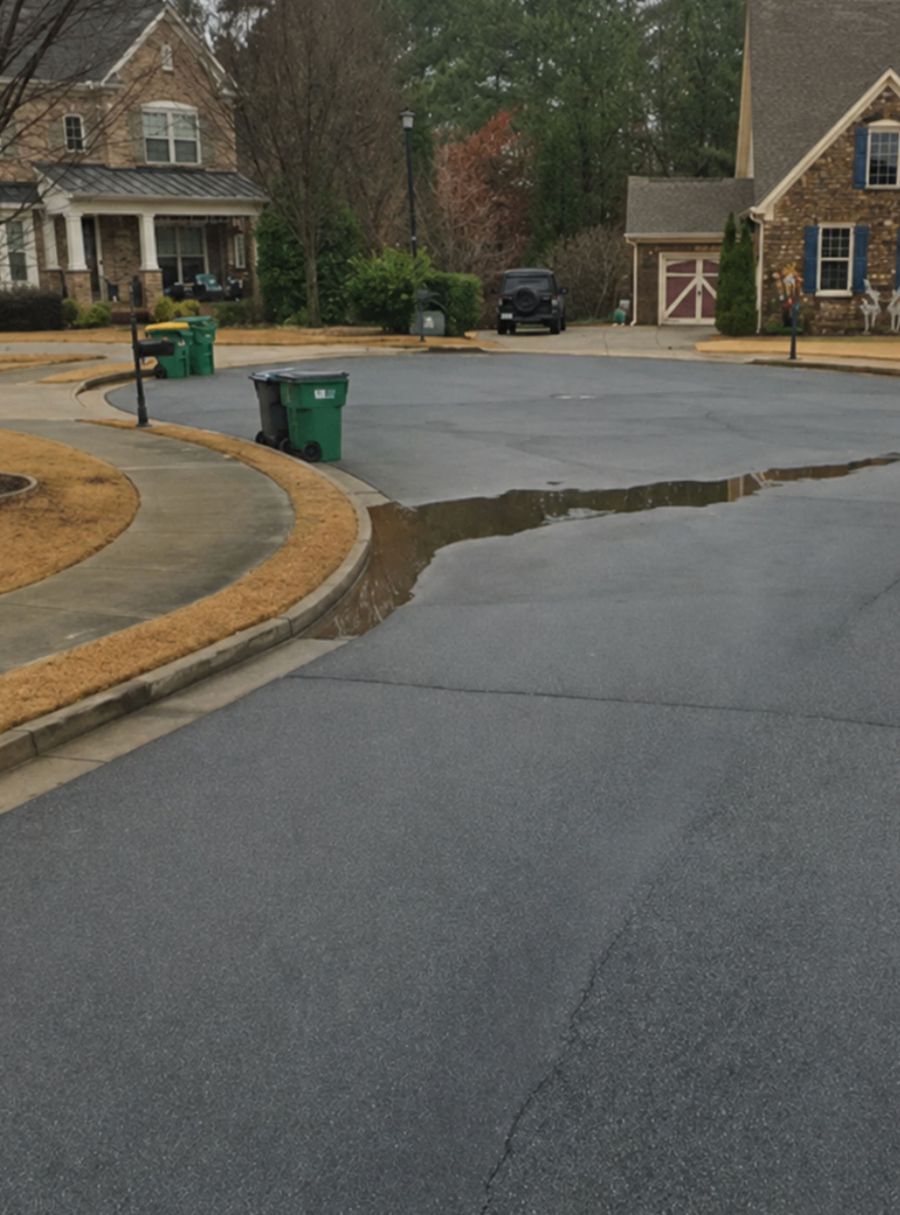 Water ponding across a residential cul-de-sac before repair
